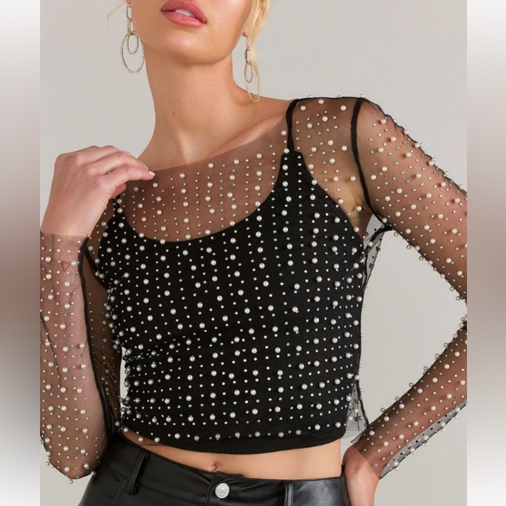 Elegant Black Sheer Pearl-Embellished Long Sleeve Top